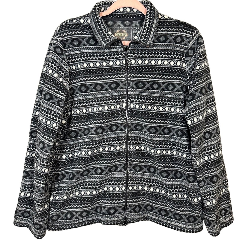 Guide Gear Men's M Fleece Jacket Gray Black Nordic Aztec Full Zip Warm Outdoor